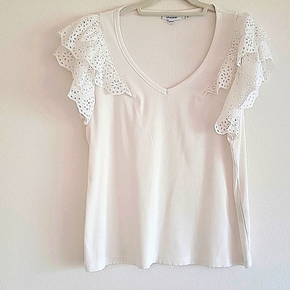 Chico's White Ribbed with Lace Tshirt. Size Large.